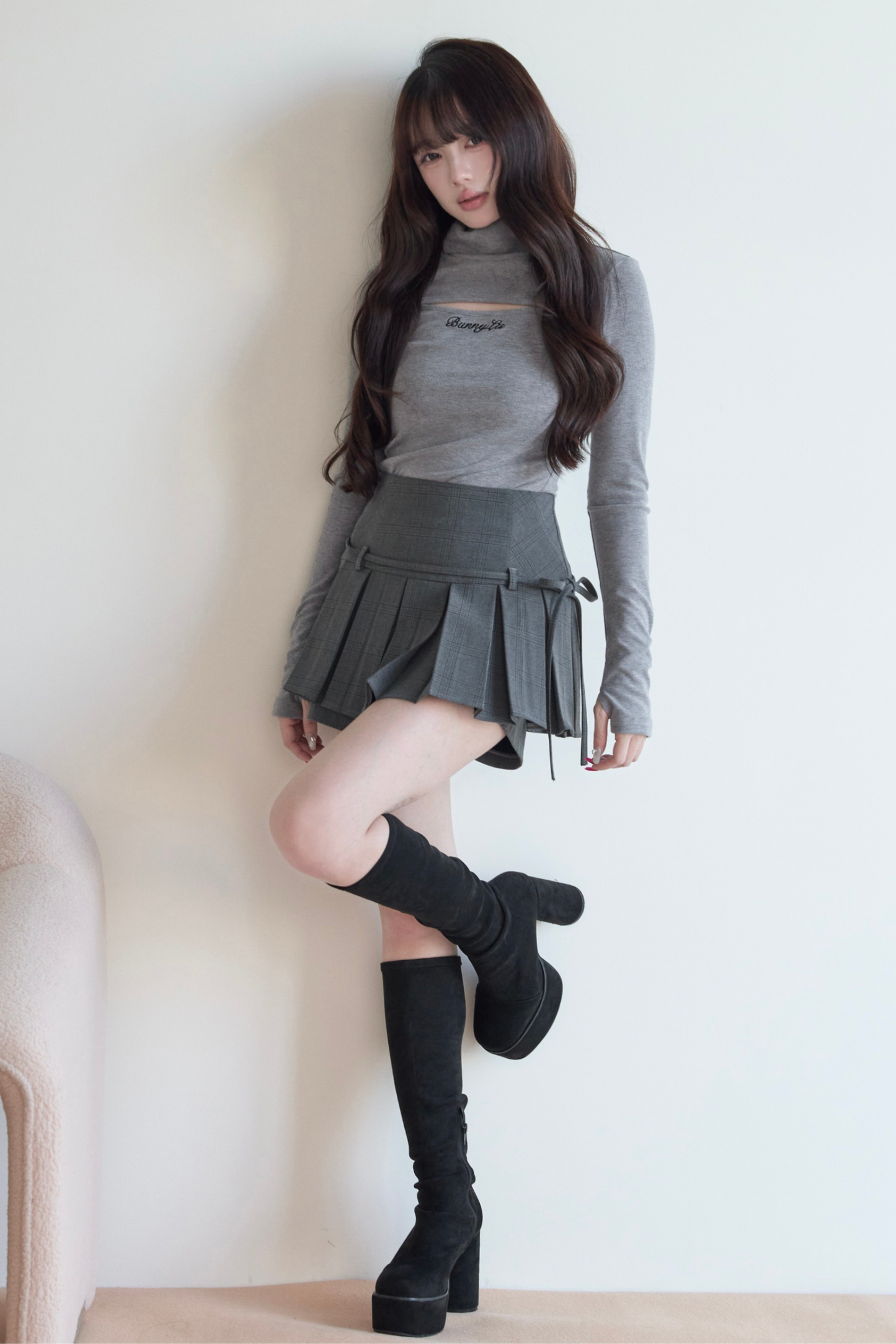 High Neck Knit Top + Check Skirt