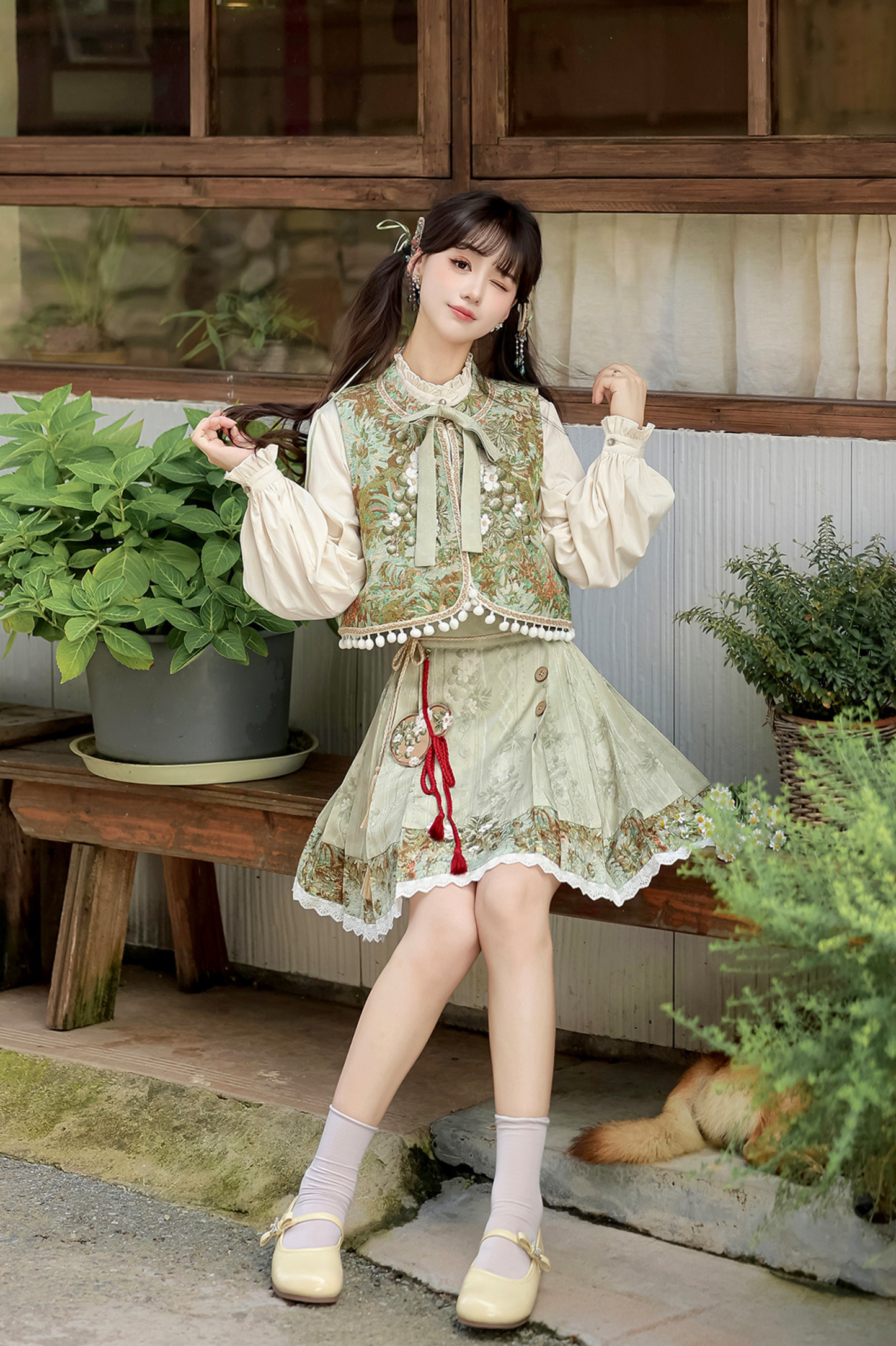 Forest China Vest + Blouse + Skirt
