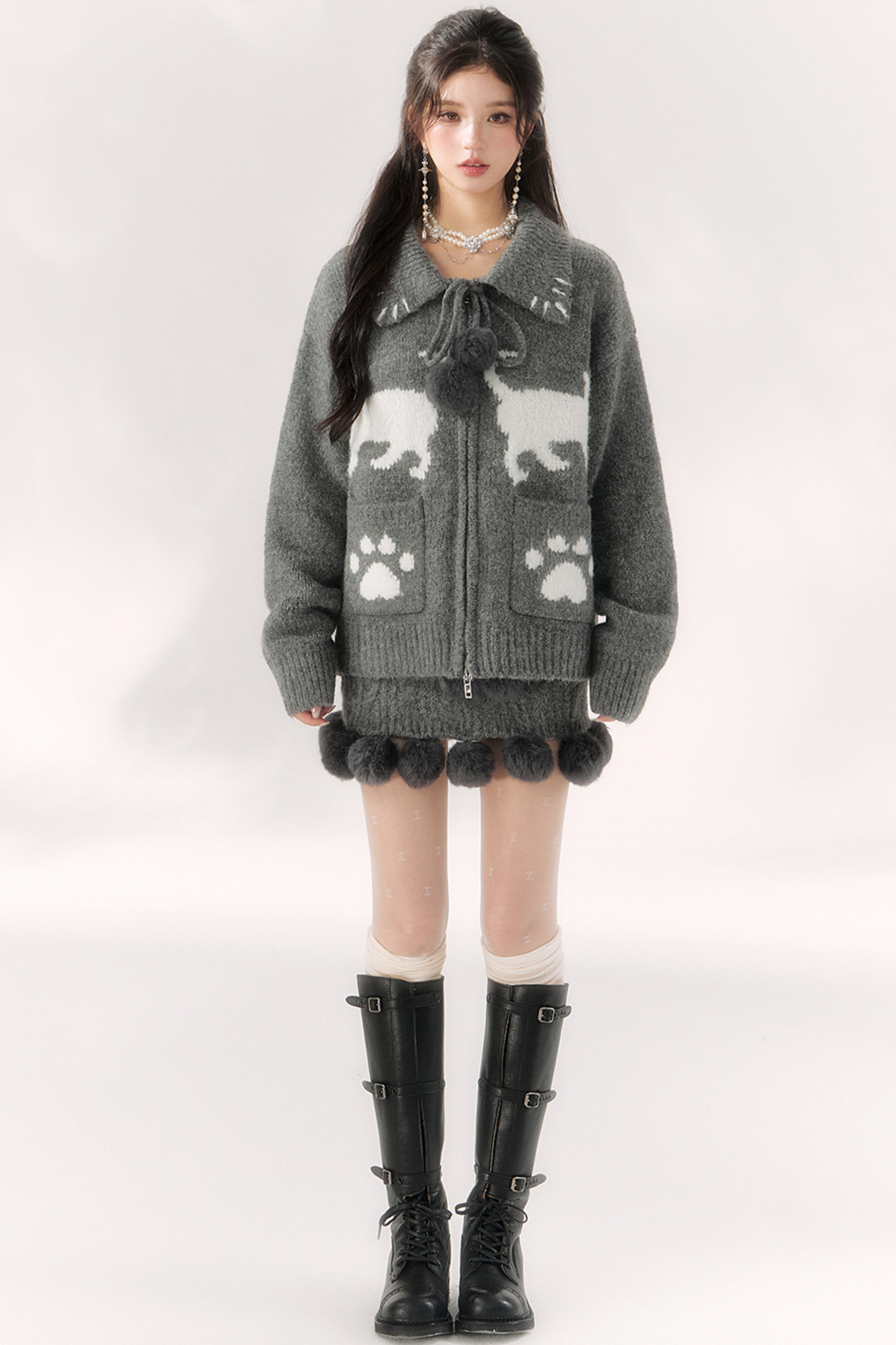 Cat Ball French Knit Sweater + Fur Skirt