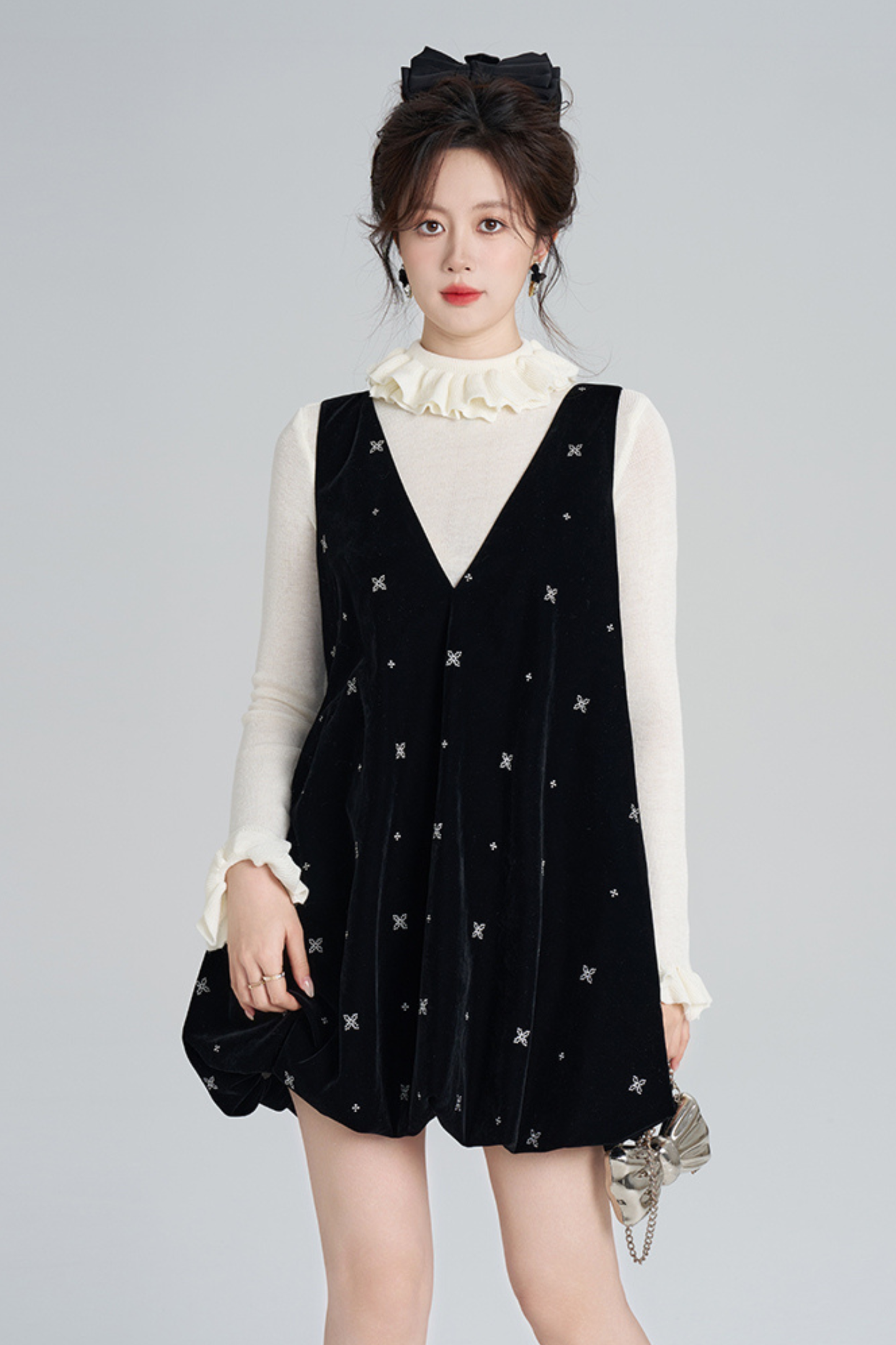 フレンチブラックベルベットリボンバルーンドレス