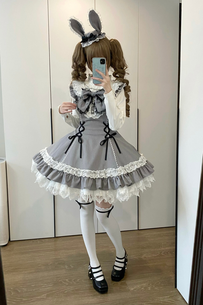 スイートロリータストライプジャンパースカートス+ラビットハット