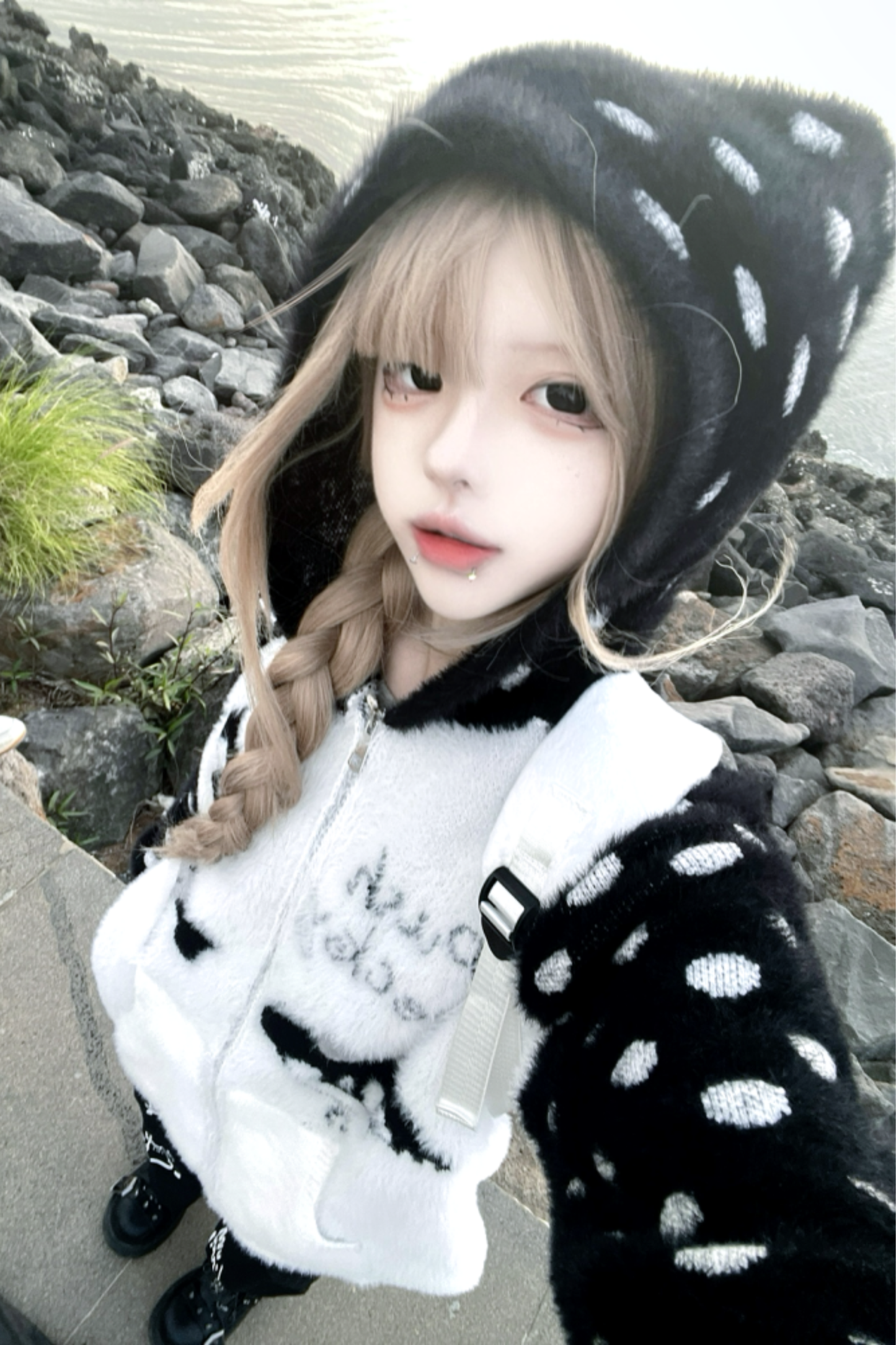 キャットイヤーフードドットデザインニットパーカー