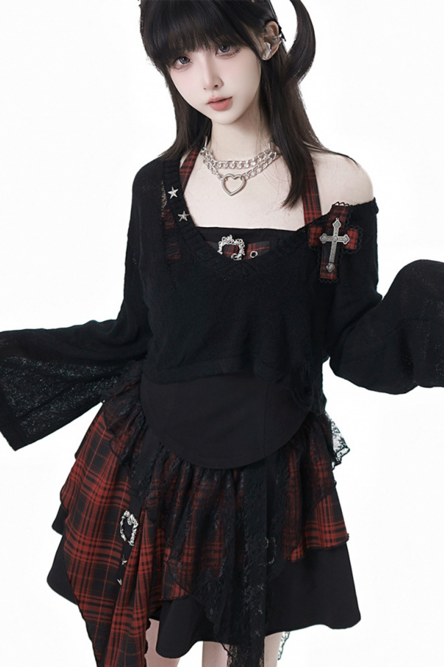 ホルターネックベスト+ルーズトップス+チェックスカート+レッグウォーマー