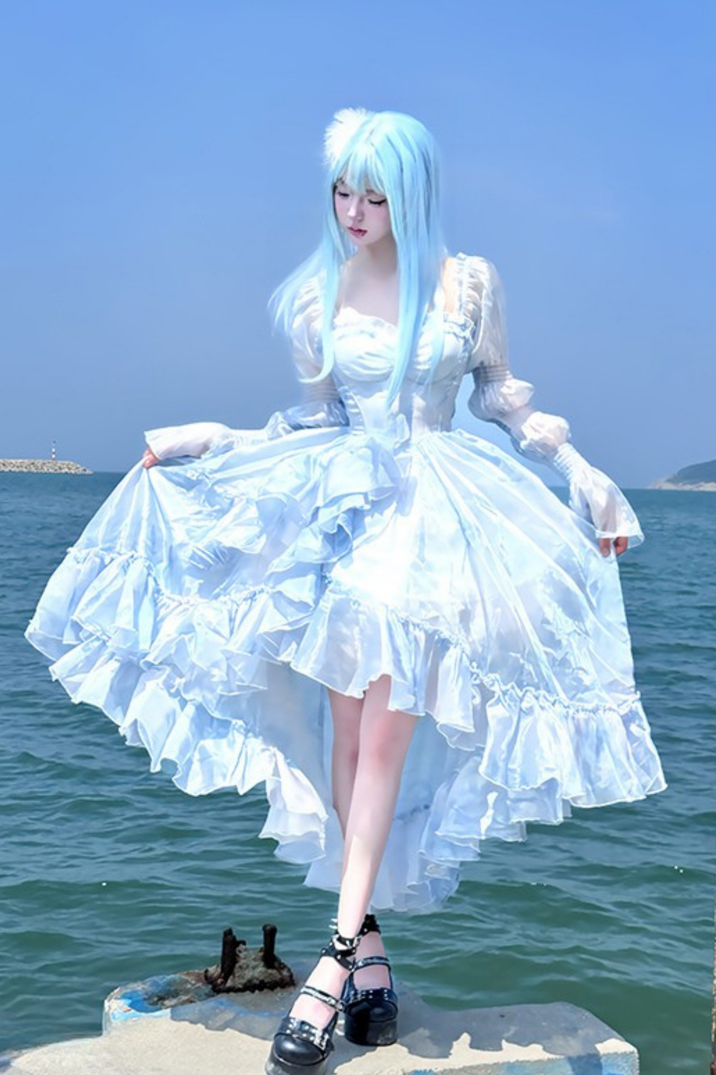 [Pre-order product] Snow Blue Sparkling Series Long Tail Bustier Dress + Back Ribbon