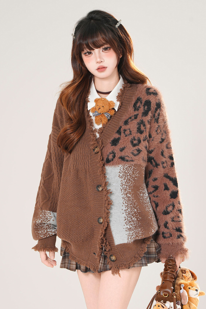 アシメレオパードニットカーディガン