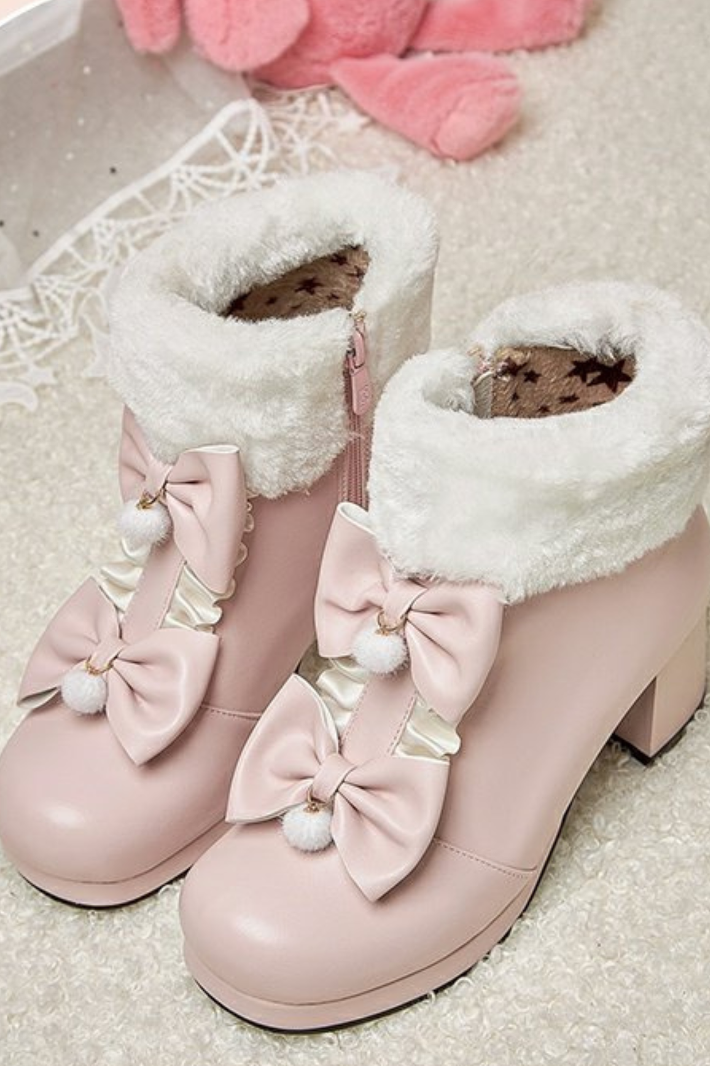 ダブルリボンファーショートブーツ