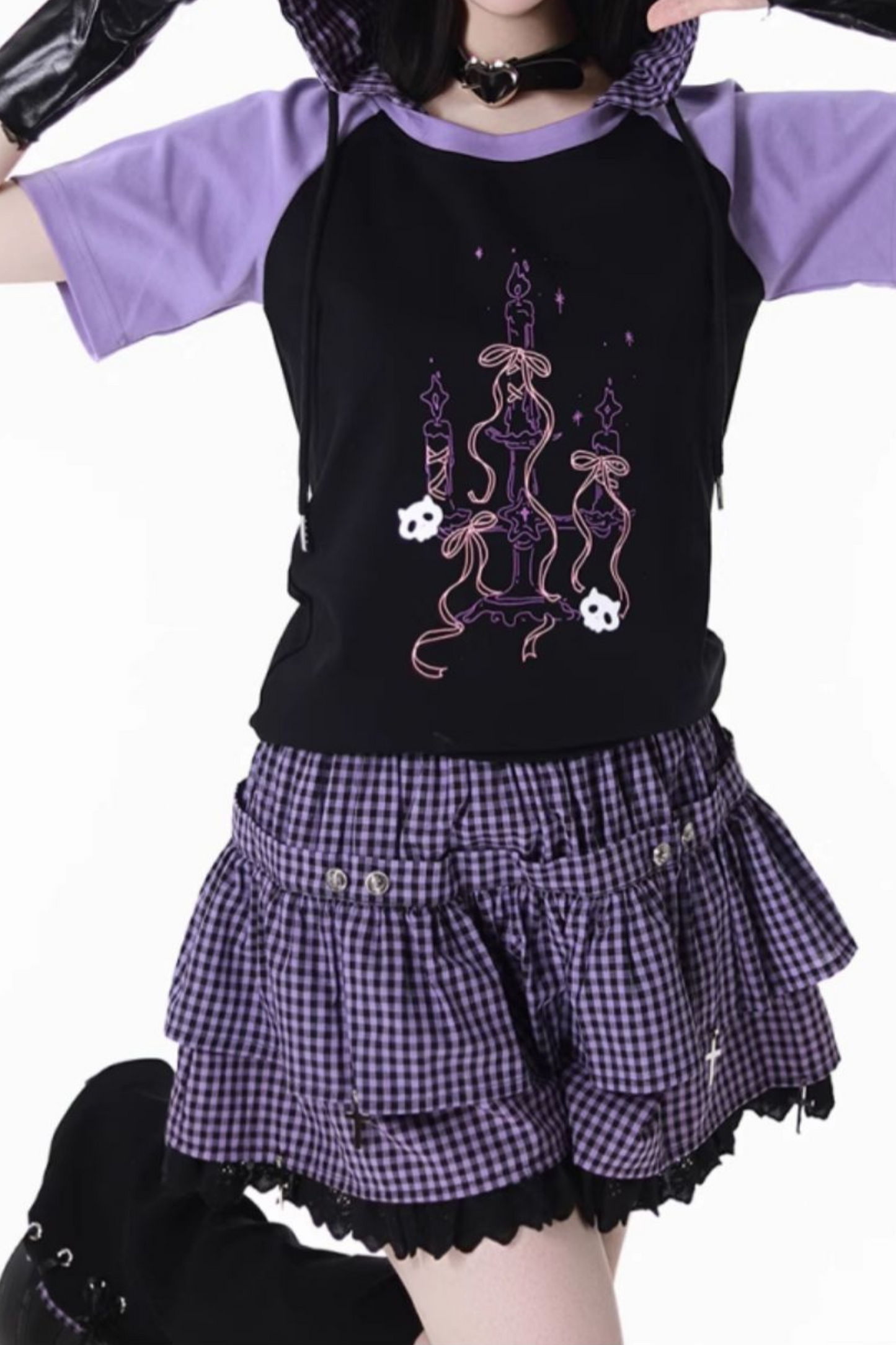 パープルグリッドカラーブロックトップス+フードトップス+パンツ+レッグウォーマー