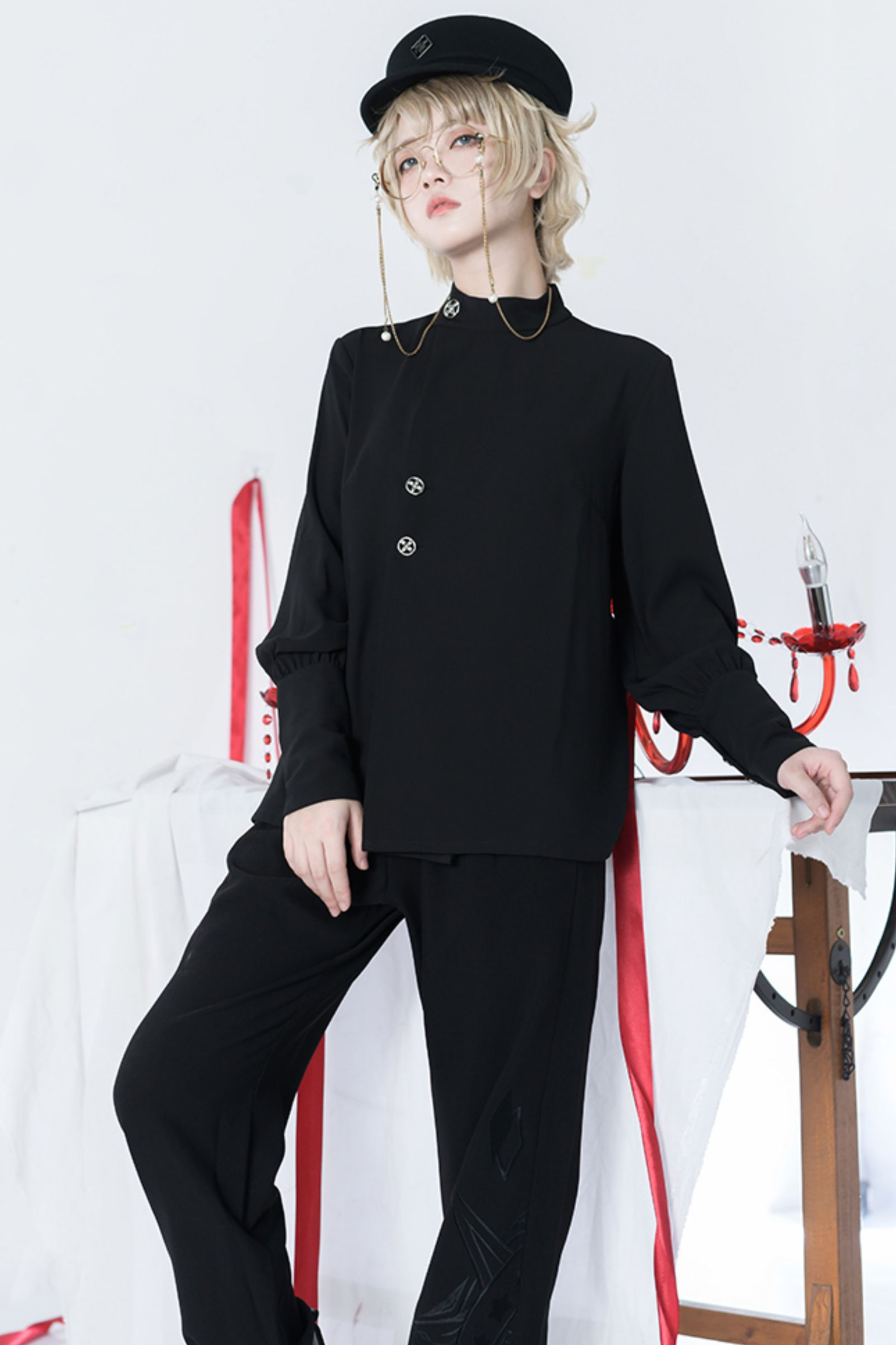 レトロモードスタンドカラーブラウス