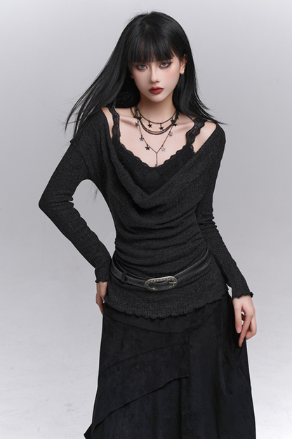 レースインナーY2Kオープンネックトップス