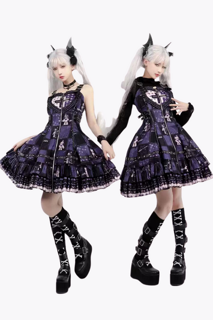 [Reservation product] Devil Heart Print Punk Goss Dog Suspender Dress