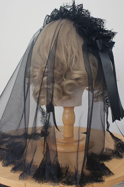 ダークレースゴシックハット+ベール+ヘアバンド+チョーカー+スリーブ