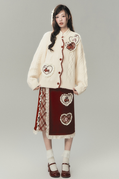 ストロベリークリームカーディガン+スカート+ハイネックトップス+ヘアピン