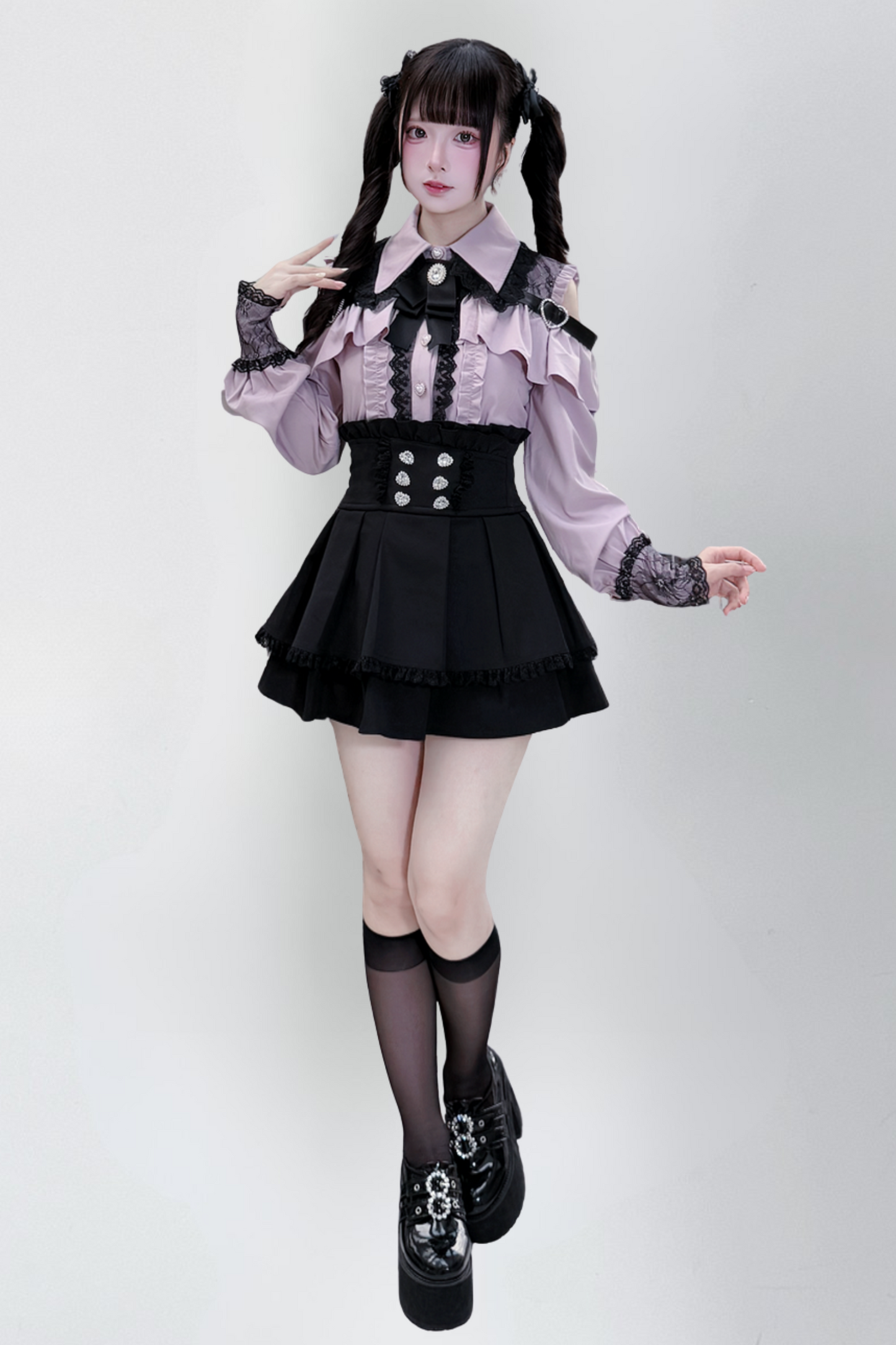 [Deadline for reservations: October 15] Open Shoulder Heart Leather Strap Ruffle Ribbon Shirt