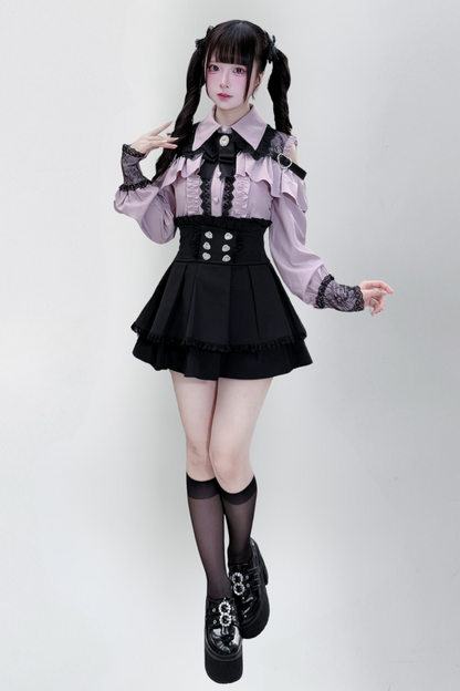 [Deadline for reservations: October 15] Open Shoulder Heart Leather Strap Ruffle Ribbon Shirt