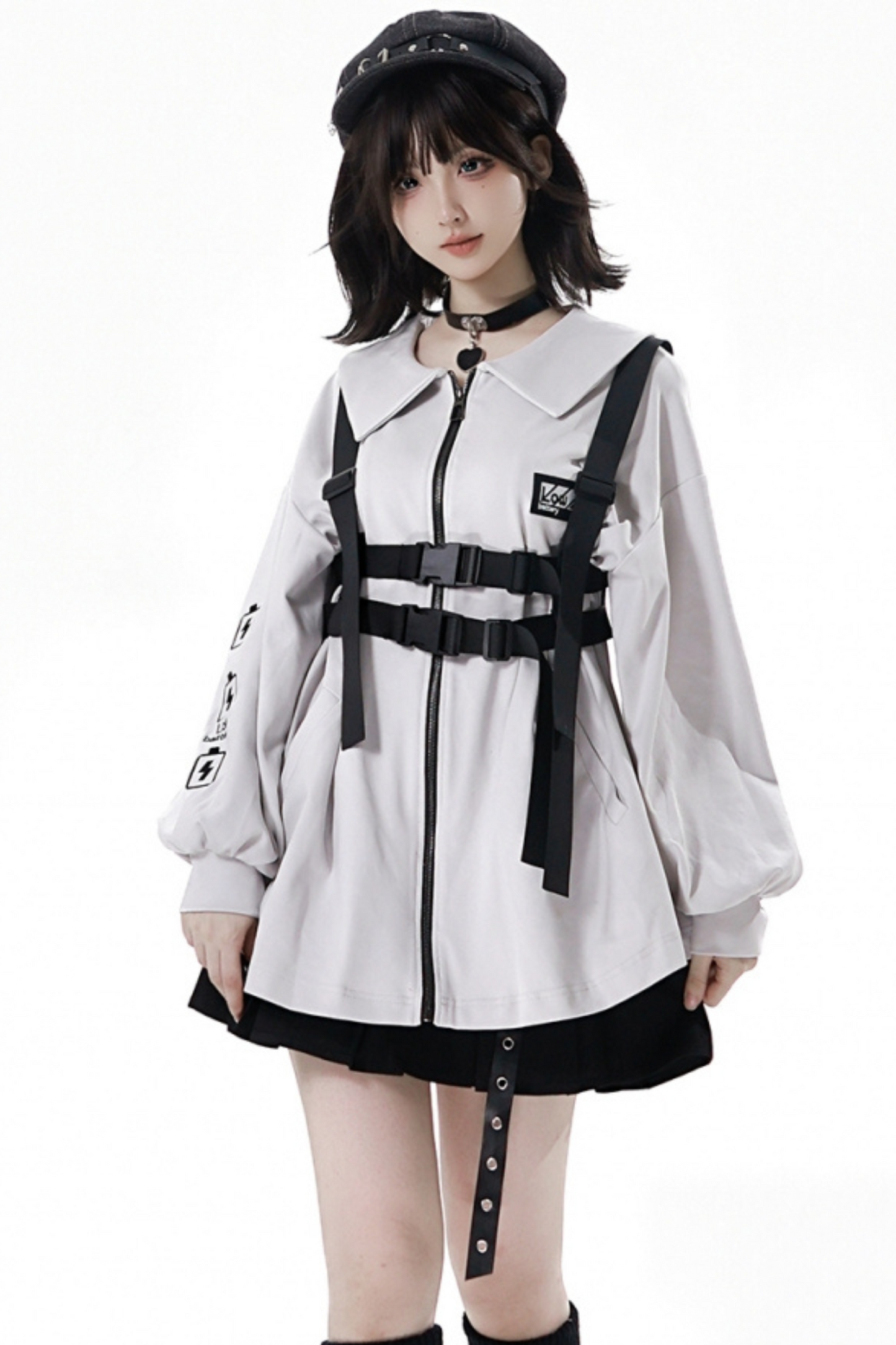 Neutral hooded jacket + coat + top + pants + straps