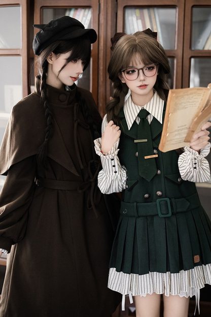 Baker Street Cloak Coat + Striped Dress + Pumpkin Pants + Hat