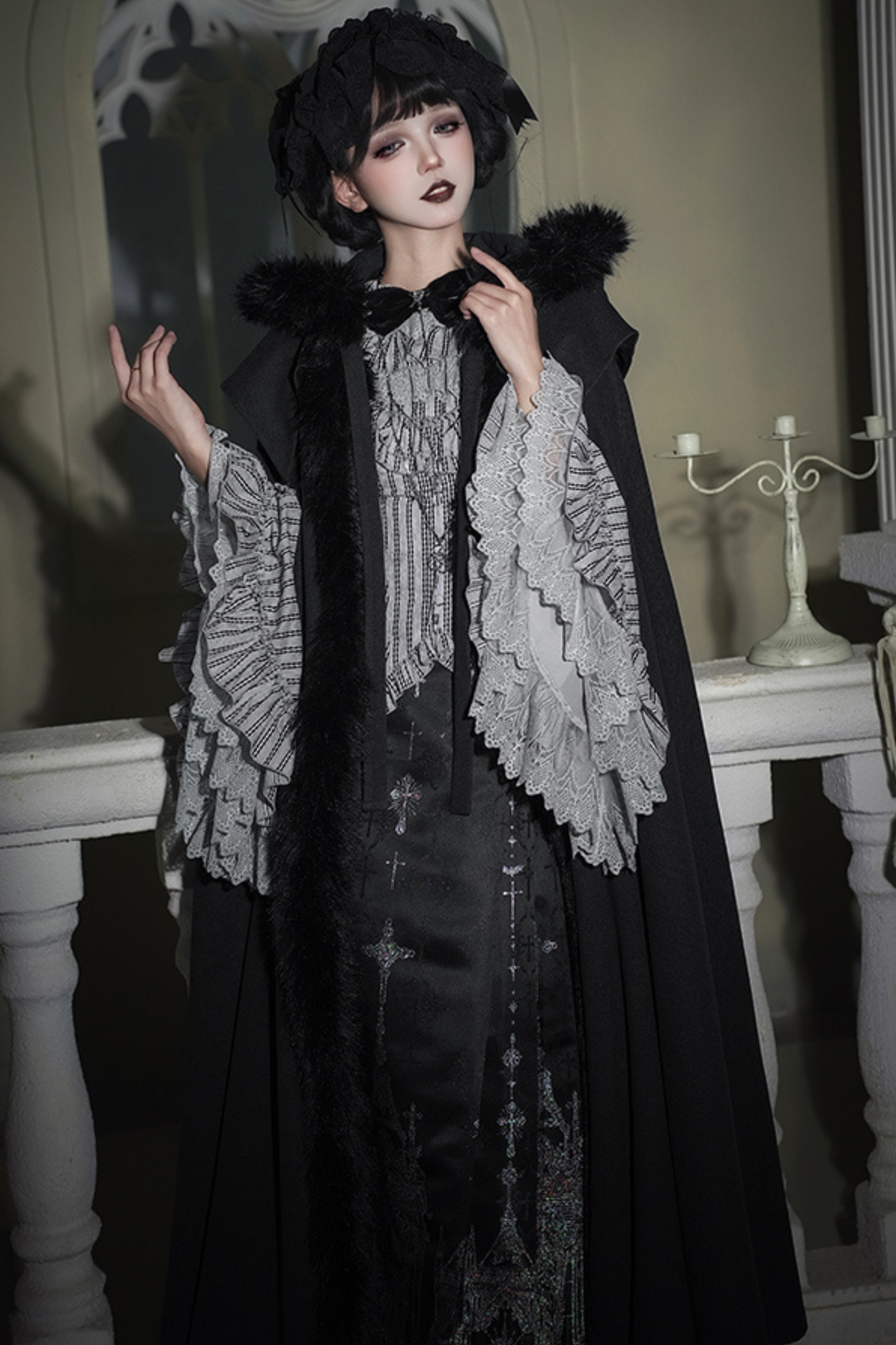 ダークゴシックフリースフードマント