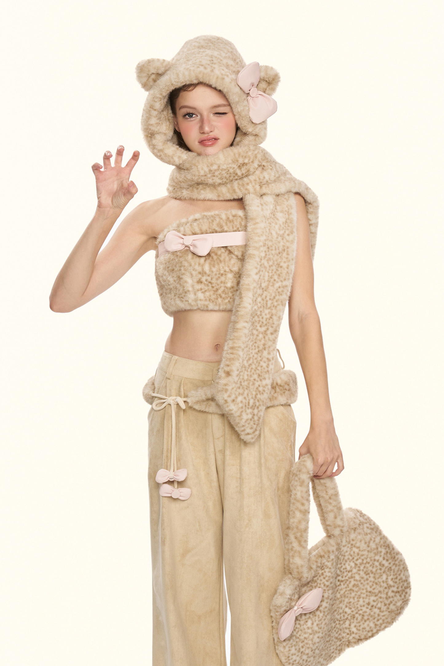 リトルミルクリボンレオパードマフラーハット