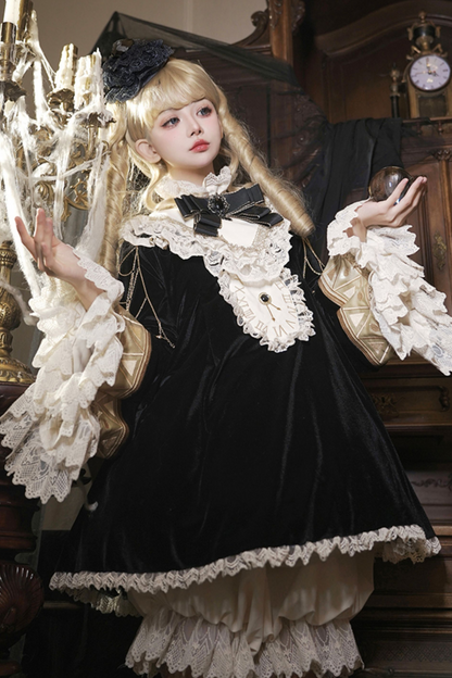 黒猫フリルクロックロリータドレス+パンプキンパンツ