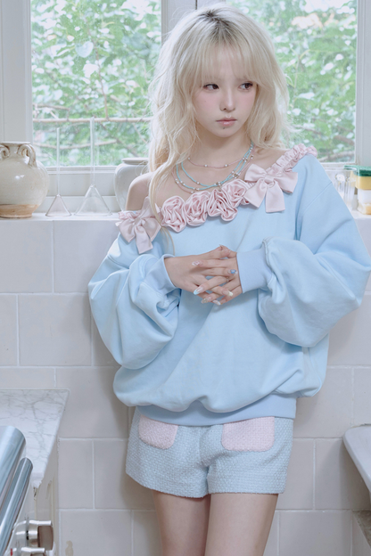 ローズサテンリボンワンショルダースウェット