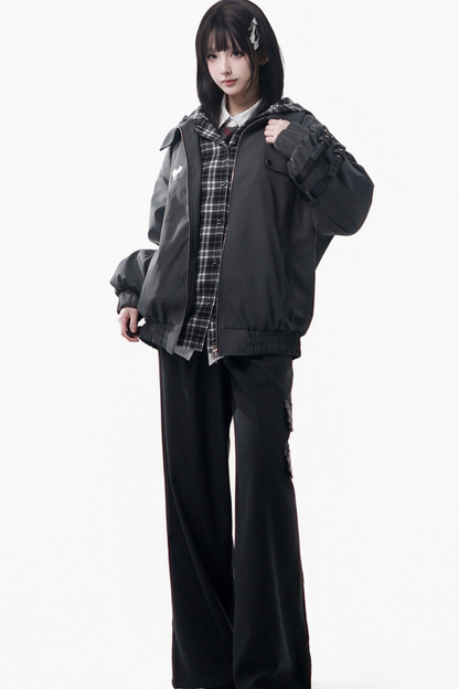 ビッグファーカラージャケット+トップス+スカート+パンツ+チェックフードジャケット