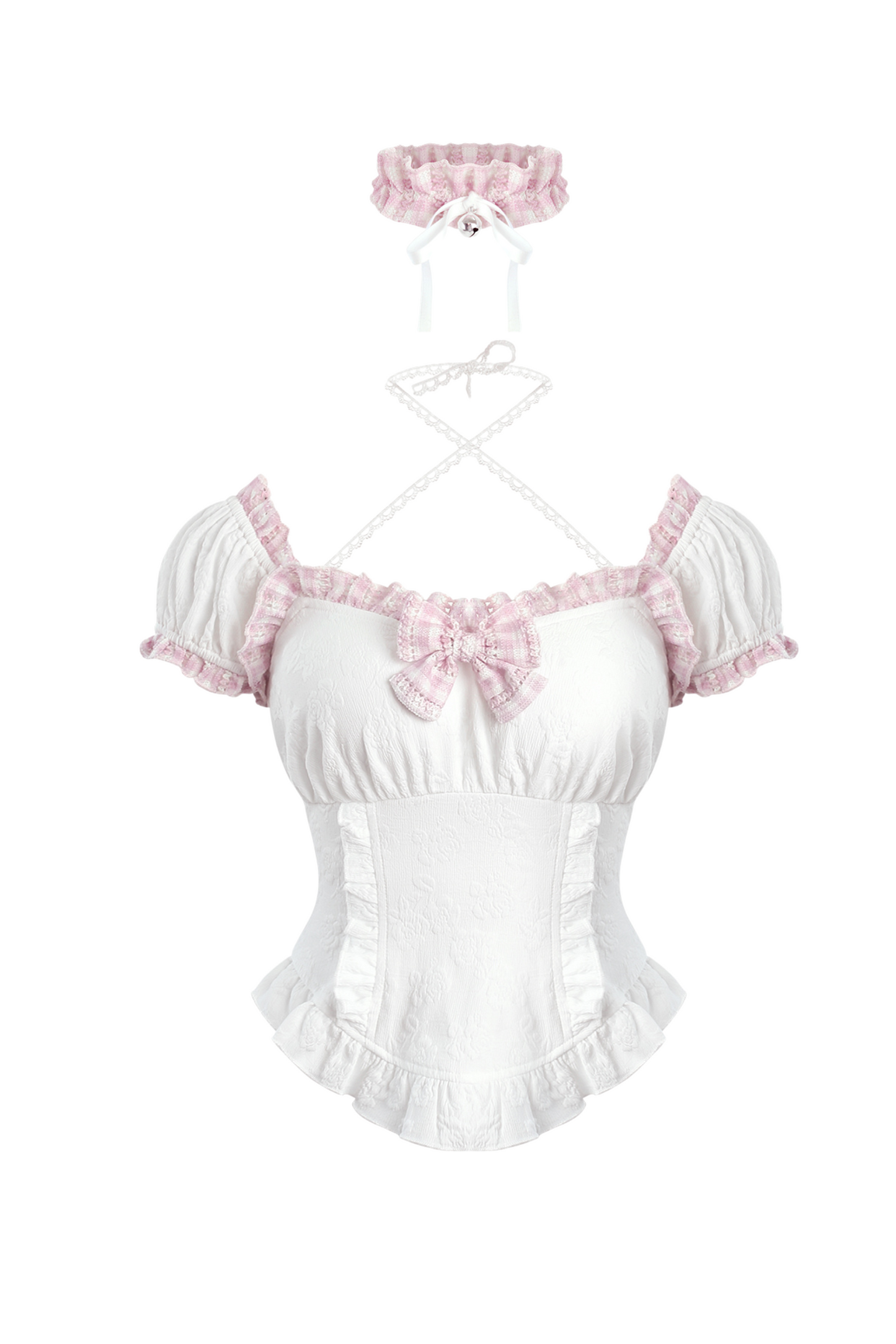 スイートハートトップス+チェック柄サスペンダースカート（襟付き）