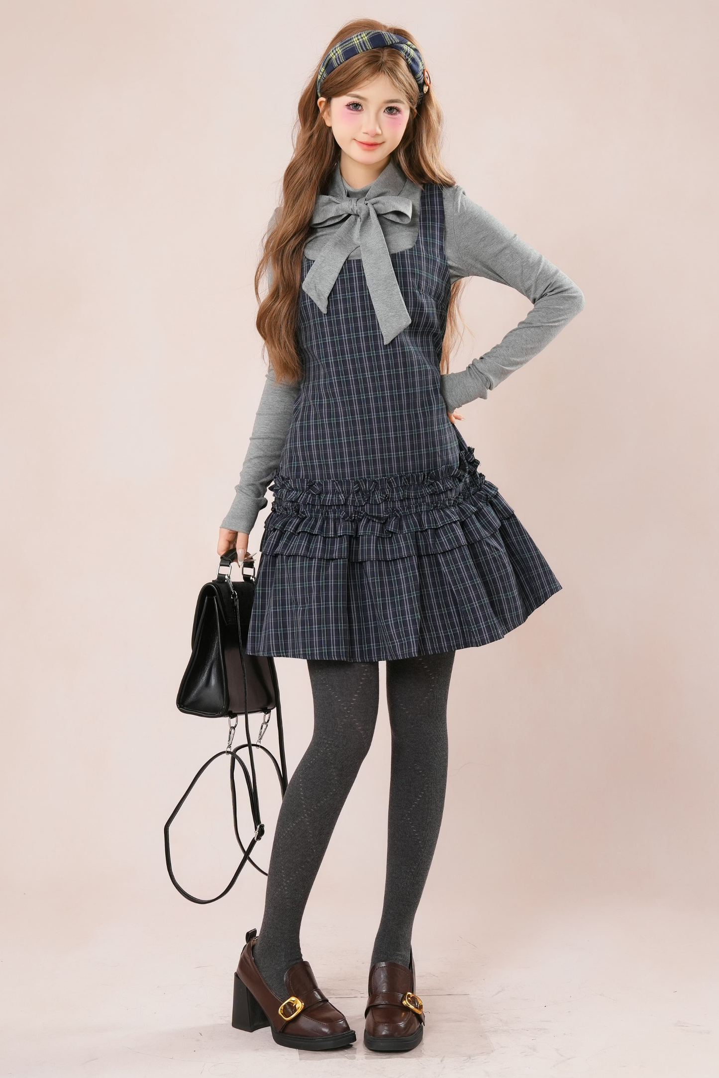 ダークフレンチフリルチェックノースリーブドレス+シャツ