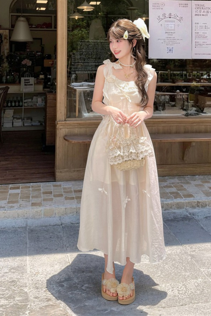 Sweet Sheer Design Ribbon Two Wear Dress