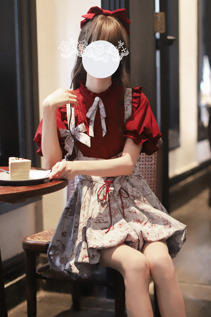(Pre-order item) Wine Red Puff Sleeve Shirt + Balloon Jumperskirt