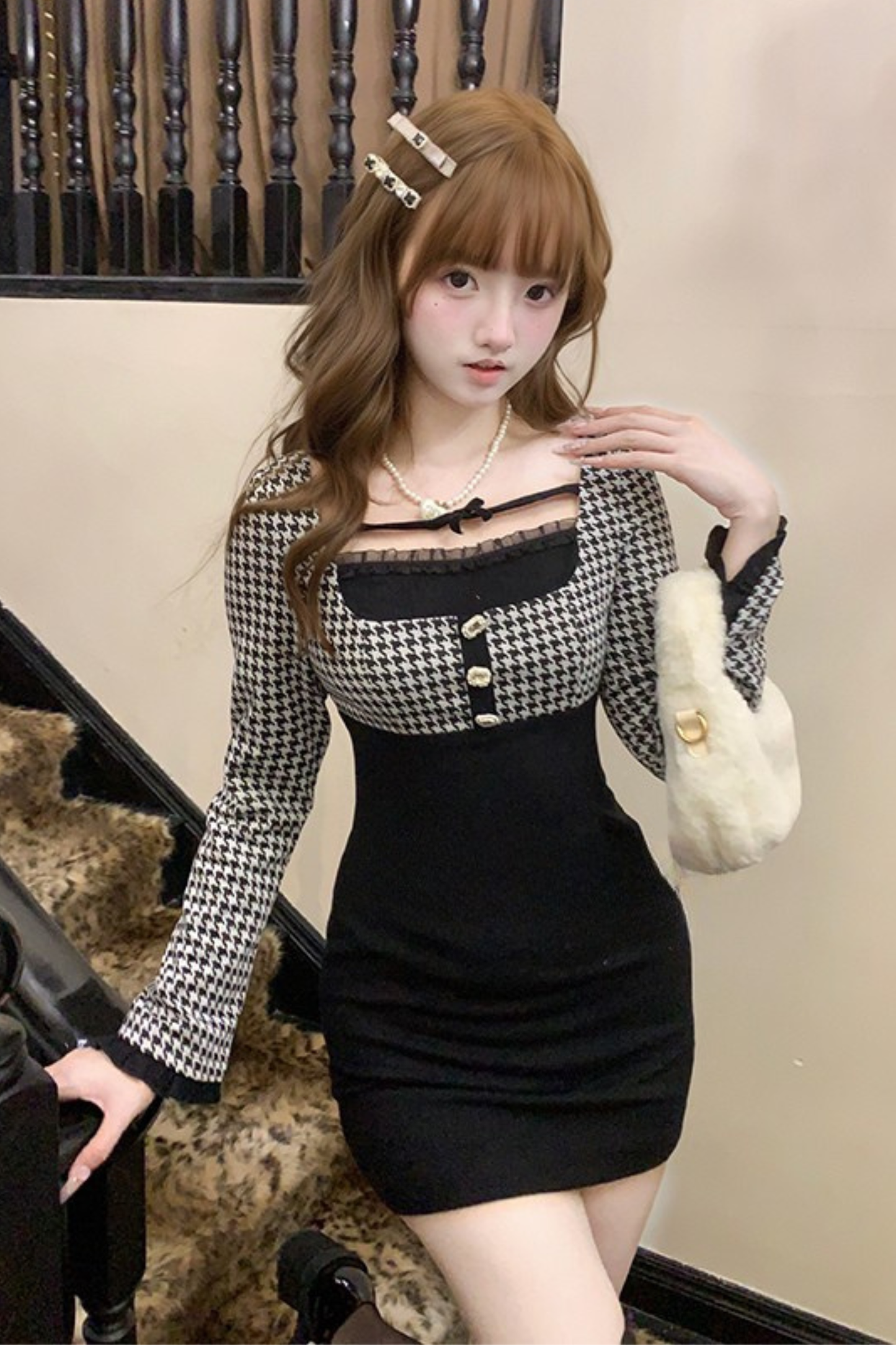 千鳥格子フレンチタイトドレス