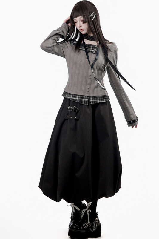 Y2Kダークトップス+フレアスカート+スカーフ