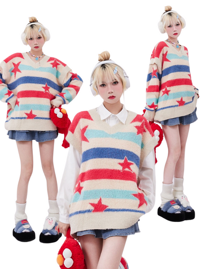 Dopamine Retro Strapless Star Detachable Lazy Wind Sweater