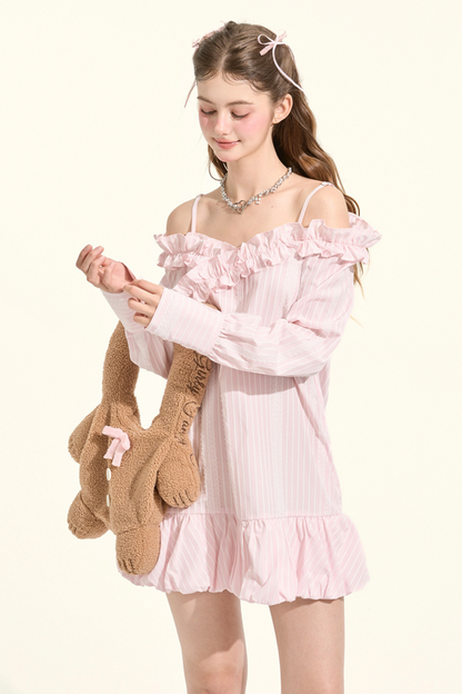 Pre-Fall Lace Striped Off-Shoulder Bubble Gown