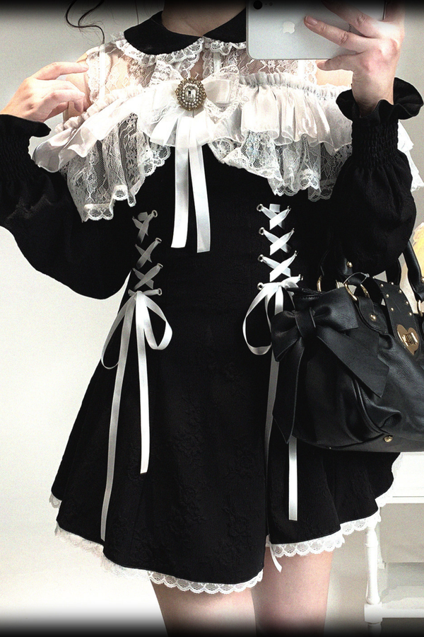 Off Shoulder Lace Up Lace Dress