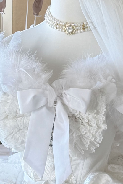 [Vorbestellung bis 4. April]Weißes Feder-Zeremonienkleid + Schal + Schwanz + Schleier + Schleife + Ärmel