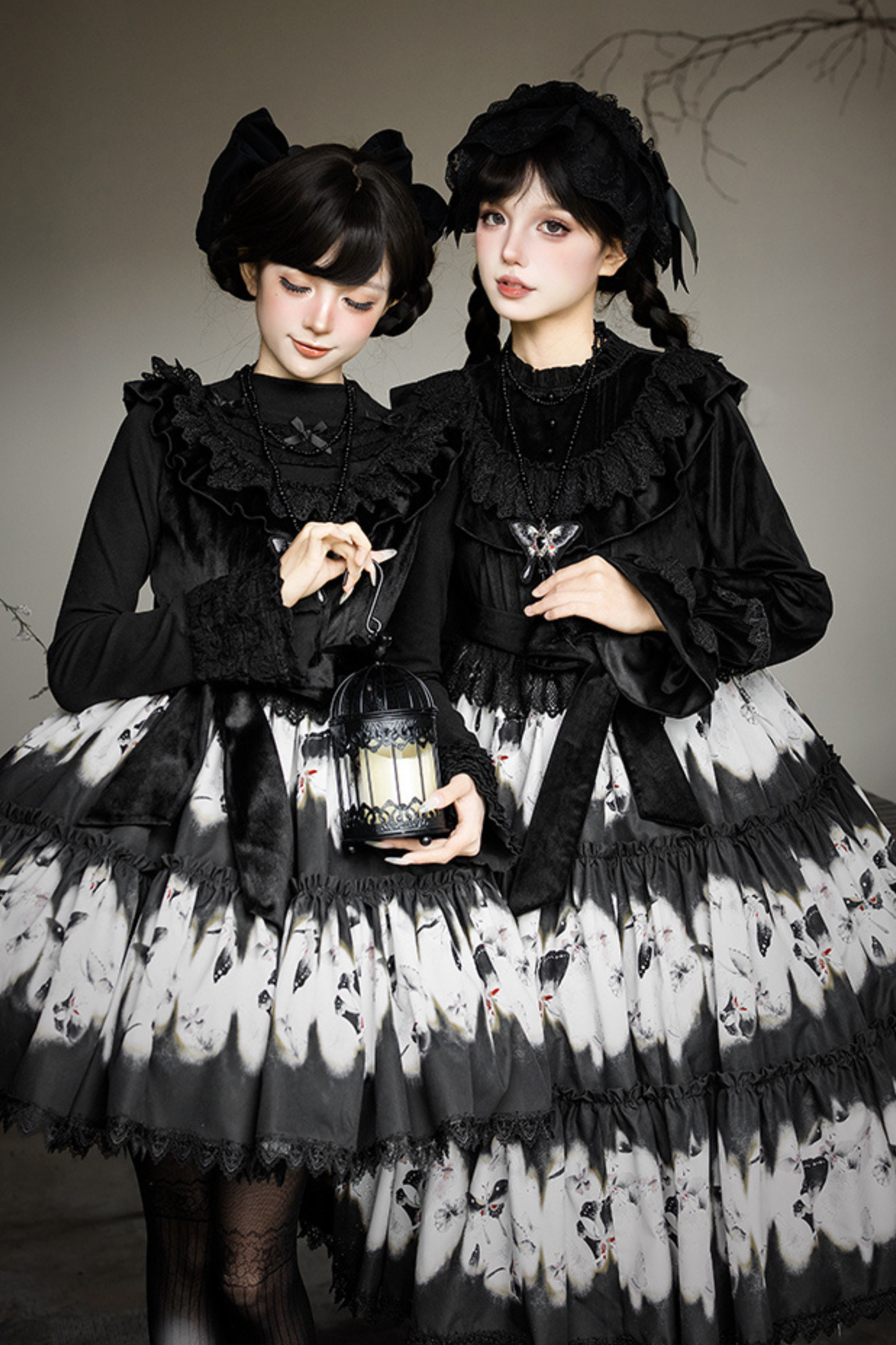 シックバタフライプリントスイングロリータドレス+ジャンパースカート+ヘアバンド+インナー+リボン