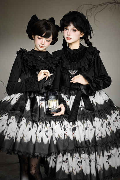 シックバタフライプリントスイングロリータドレス+ジャンパースカート+ヘアバンド+インナー+リボン