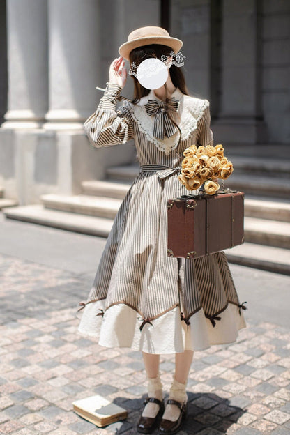 Chestnut Brown Striped Long Sleeve Dress