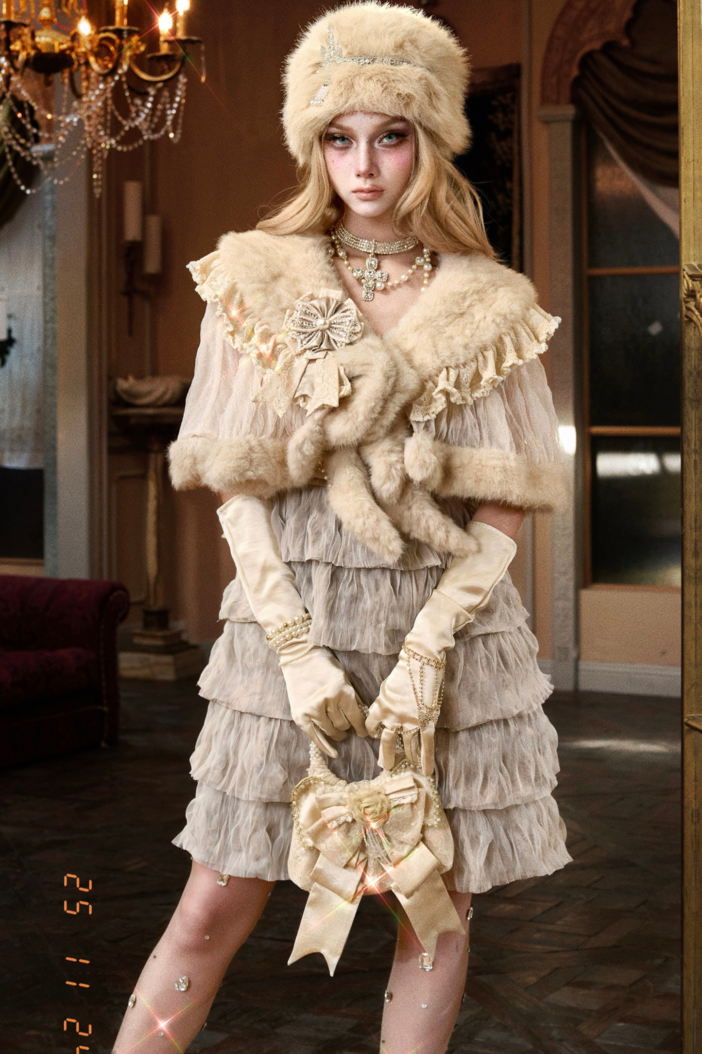 ナイトパーティーゴシックファーショール+ハット+ブローチ