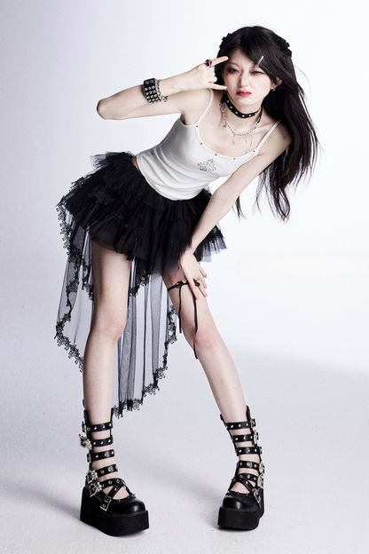 スパンコールトップス＋メッシュAラインスカート