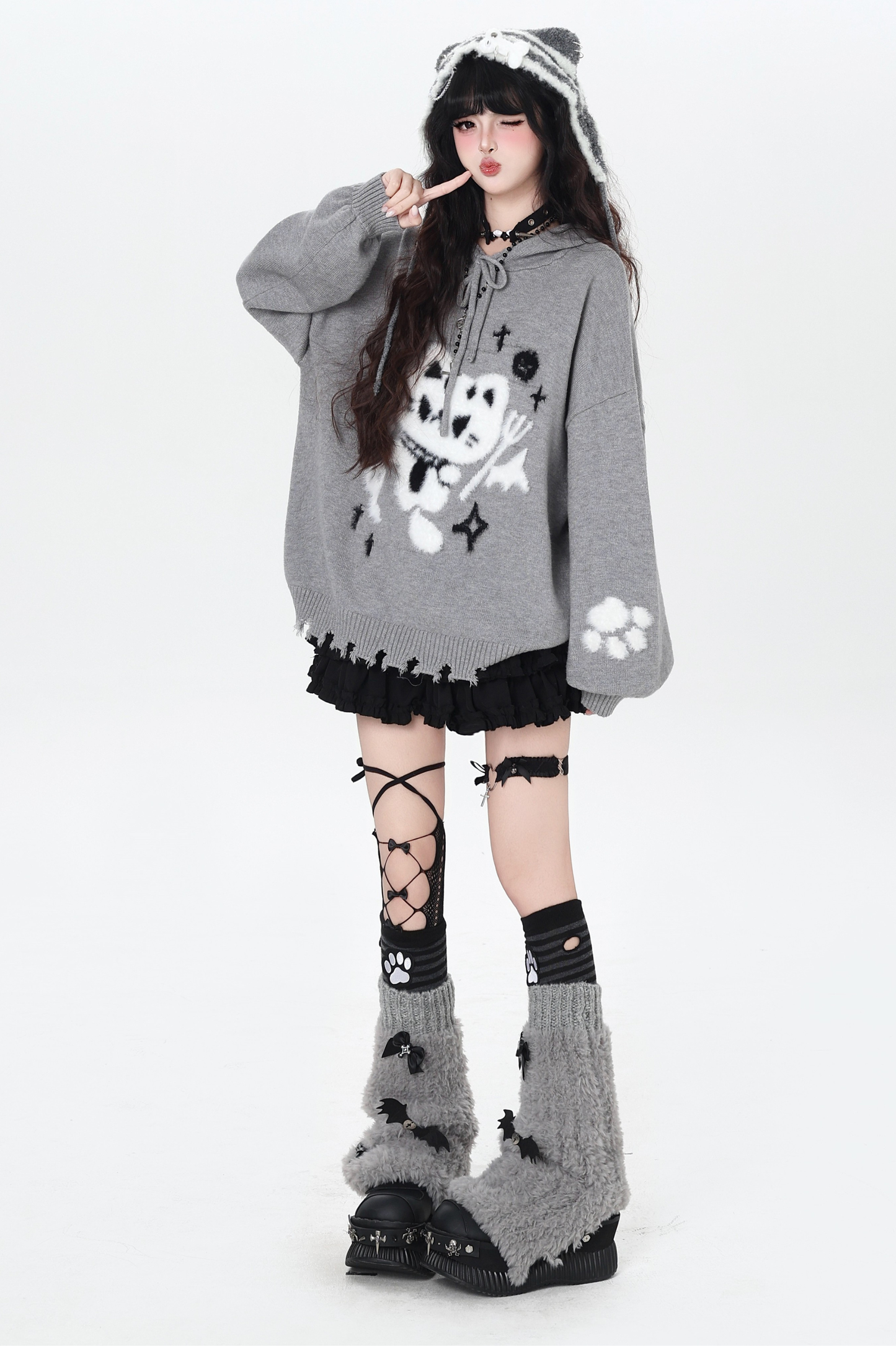 ナイトダークキャットルーズフードニット