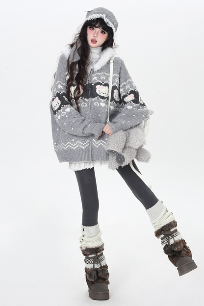 フェアアイルルーズフードニットカーディガン