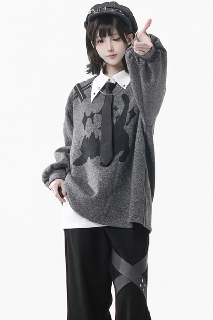 グレーウィンタープレッピーカレッジロングトップス+ショートトップス+スカート+パンツ+シャツ