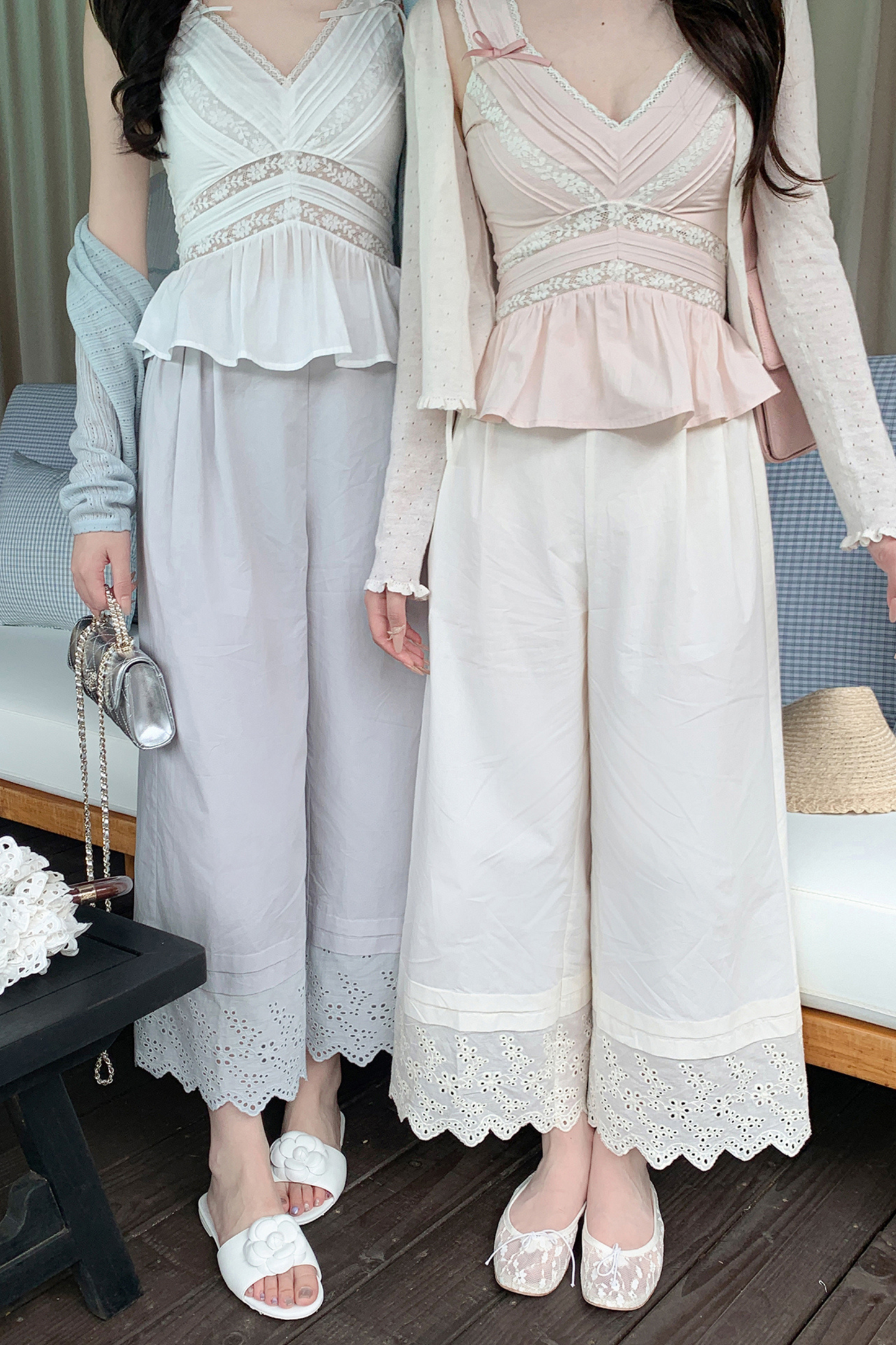 スイートショルダーリボンノースリーブトップス＋レースワイドパンツ