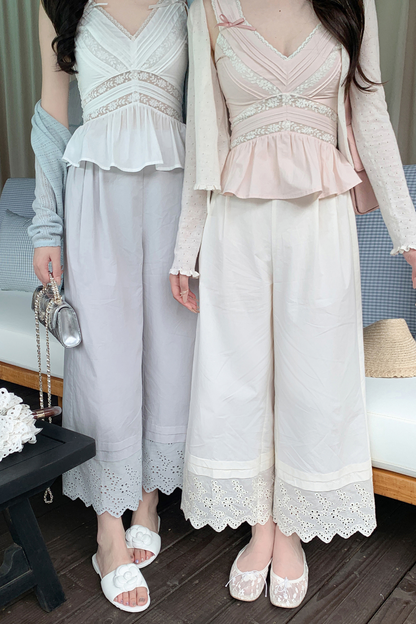 スイートショルダーリボンノースリーブトップス＋レースワイドパンツ