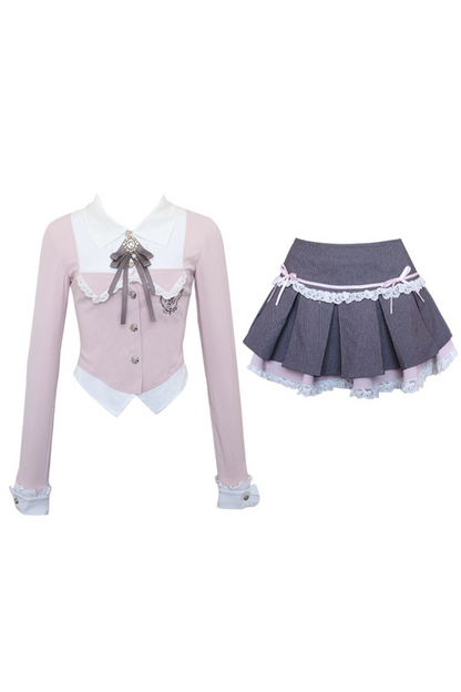 Sweet Sakura College Pink Faux Two Piece Shirt + Gray Pleated Skirt