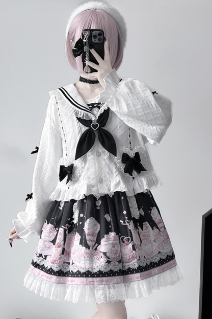 Sailor Color Sweetheart Print Dress + V-Neck Frilled Knit Cardigan