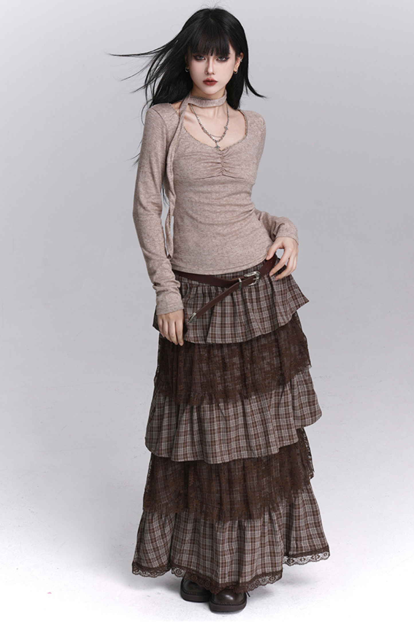 チェックティアードレースロングスカート