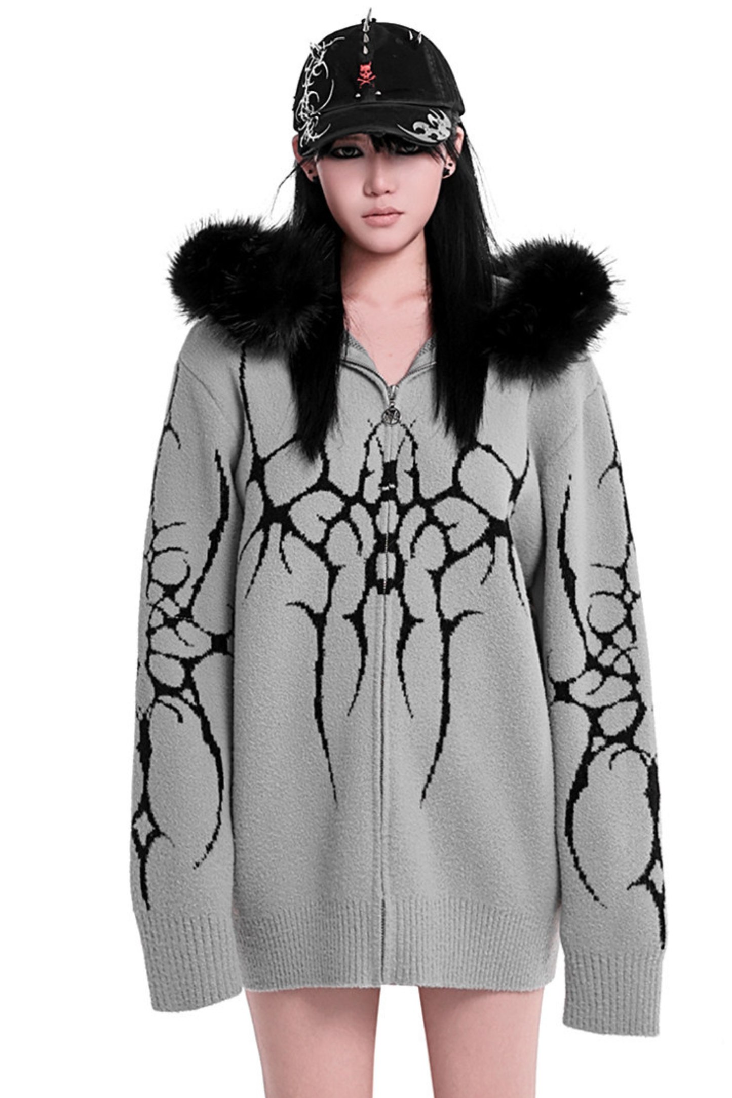 ゴシックファーフードルーズジップカーディガン