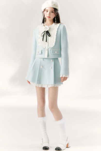 Ice Blue Rose College Style Jacket + Side Pleated Skirt